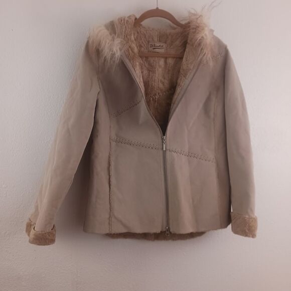 WINLIT Tan Leather Fur Lined Hooded Hoodie Parka Jacket Size M - Picture 1 of 8